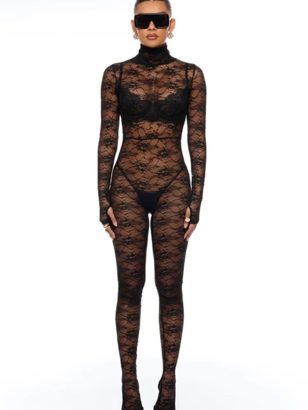 Gabriette Black Sheer Lace Jumpsuit, XS